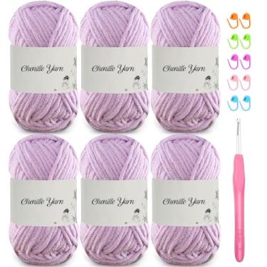 Imagem de SIMEIQI Pacote com 6 fios de chenille de 50 g para crochê, fio de veludo macio e fofo de 60 metros, crochê ideal para cobertores de bebê faça você mesmo, brinquedos, cachecóis, almofadas, chapéus