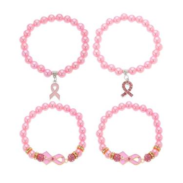 Imagem de Dreuyet 4 pulseiras femininas para câncer de mama, berloque, fita rosa, pulseiras elásticas de conscientização, presente de incentivo, joias de câncer de mama, Medium, Liga de aço, Sem Pedra Preciosa