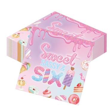 Imagem de Aposwow Sweet Sassy Decorações de aniversário de seis anos, 50 peças, guardanapos de papel de 6º aniversário, decoração de festa para meninas, decoração de mesa com tema de sorvete doce de 6 anos