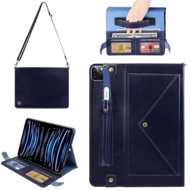 Imagem de Capa de mão para iPad Pro de 12,9 polegadas (4ª/5ª/6ª geração) e iPad Air 13 polegadas 2025/2024, capa tipo carteira transversal de couro PU com suporte para lápis, alça de mão e alça de ombro