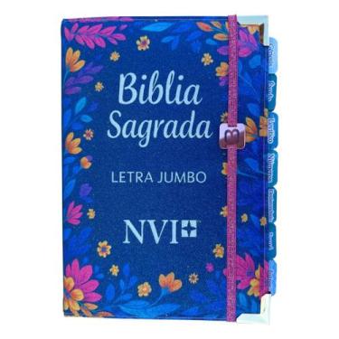 Imagem de Bíblia Letra Jumbo NVI 100% Glitter Azul Folhagens com Abas adesivas +