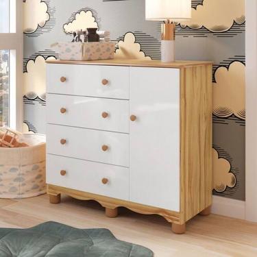 Imagem de Cômoda Infantil Júnior New 1 Porta 4 Gavetas 100% Mdf Branco Brilho/Am