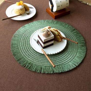 Imagem de Jogo americano de tecido redondo para mesa de jantar, jogo americano de juta natural com borlas, boho, trançado, tapetes de mesa resistentes ao calor para uso interno e externo, decoração de cozinha