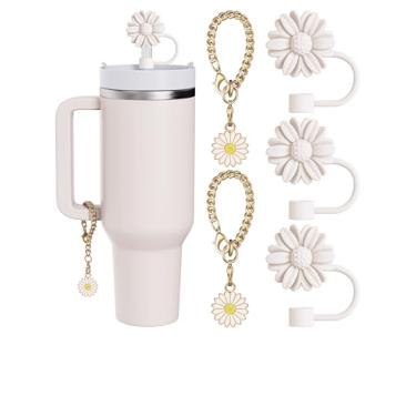 Imagem de Conjunto de 5 peças compatíveis com acessórios Stanley Cup, 3 topos de canudo compatíveis com capa Stanley de 9 a 10 mm, 2 lindos pingentes de flores para copo com alça (branco)