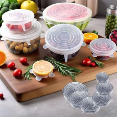 Imagem de Pacote com 6 tampas elásticas de silicone para conjuntos de armazenamento de alimentos, tampas de tigela reutilizáveis para xícaras, latas, ramequins, iogurte, capa de silicone para recipientes de