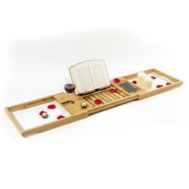 Imagem de OVENTE Suporte de bandeja de banheira, mesa expansível de bambu, tábua de banheira de madeira com livros, tablets, suporte de telefone e copo de vinho, acessórios de banheiro e essenciais de spa