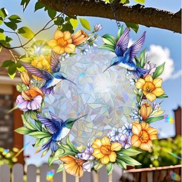Imagem de Acrílico colorido Suncatcher, decoração de flores com design de vitral impresso, arte de parede de arco-íris, refrator de luz do sol, decoração de casa interna e externa com corrente 19,8 x 19,8 cm