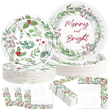 Imagem de 150 peças de pratos e guardanapos de papel de Natal, conjunto de louça resistente descartável, serve 50, pratos de jantar de bagas de azevinho, conjunto de festa descartável, utensílios de mesa de