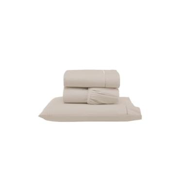 Imagem de Jogo de Lençol Micropercal 300 Fios, 3 Peças para Cama Solteiro, Bege, com Ponto Palito, 100% Poliéster, Inclui Lençol Superior 2,40x1,55m, Lençol com Elástico 1,88x0,88m e Fronha 70x50cm (Cáqui)