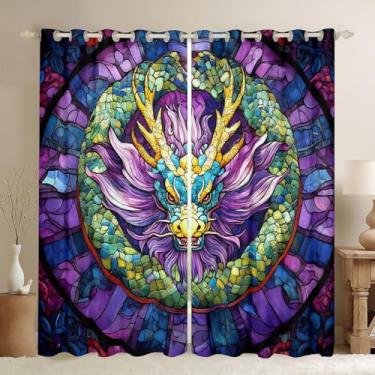 Imagem de Cortinas de janela infantil dragão chinês, escama de dragão animais ocidentais, cortinas de janela para meninos e meninas, patchwork geométrico, abstrato, azul, roxo, gótico, tratamentos de janela