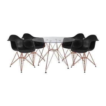 Imagem de Conjunto Jantar Mesa Vidro Redonda 110Cm Com 4 Poltronas Pretas Ferro Cobre Cor: Preto