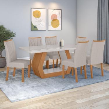 Imagem de Conjunto Sala De Jantar Mesa Easy Tower 170x90cm Mdf/vidro Com 6 Cadeiras Confort Linho Cinza Amendoa/off White