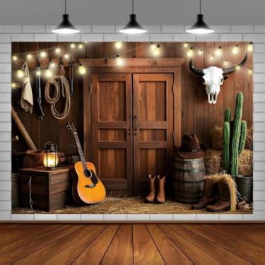 Imagem de Pano de fundo ocidental para fotografia, 3 x 2,4 m, madeira rústica, celeiro, porta de celeiro, fardos de feno, pano de fundo de barril para festa de casamento do Velho Oeste, suprimentos de decoração