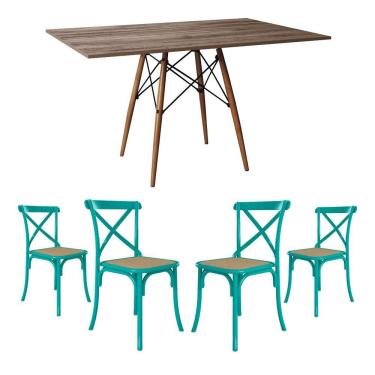 Imagem de Jogo De Mesa Eiffel Retangular Tampo De Madeira 120X75Cm Amêndoa Com 4 Cadeiras Katrina Azul Turques