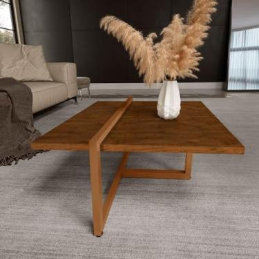 Imagem de Mesa de centro decorativa moderna em estilo industrial, mobiliário para sala de estar, para coquetel, café, estilo wabi-sabi(Imbuia/Bronze)