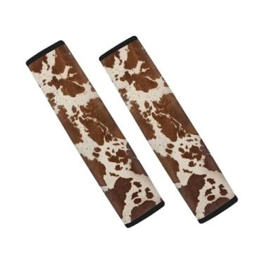 Imagem de Hudotybom Conjunto de capas de cinto de segurança com estampa de vaca marrom, 2 unidades, acessórios automotivos, aconchegantes, almofadas de alça de assento de carro, ajuste universal, SUV, sedãs