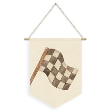 Imagem de Dilemat Faixa xadrez para decoração de quarto de menino de corrida de linho, bandeira de flâmula para decoração de sala de jogos, decoração de quarto de bebê, quarto temático de carros