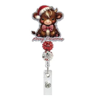 Imagem de Porta-crachá retrátil de vaca Highland - Carretel de crachá de vaca de Natal com glitter acrílico clipe de jacaré com miçangas, acessórios para crachá de identificação de inverno para médicos