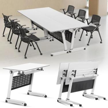 Imagem de ZDJZMGZ Mesa de sala de conferências, pacote com 4 mesas de conferência dobráveis para reuniões, mesa de reunião de seminário dobrável moderna com rodas silenciosas, mesa de treinamento branca móvel