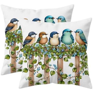 Imagem de HYJ Conjunto de 2 capas de almofada aquarela pássaros na cerca 45,7 x 45,7 cm, capas de almofada decorativas para ambientes externos florais de primavera para sofá-cama, decoração de casa de fazenda