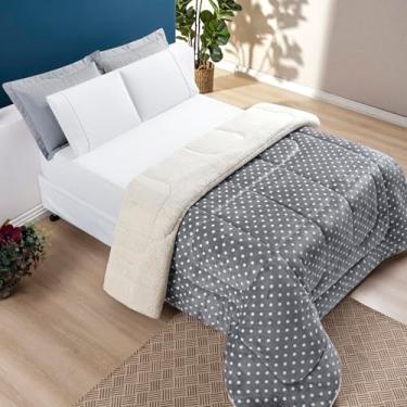 Imagem de Kit Coberdrom + Jogo de Lençol Solteiro 400 fios 3 Peças Edredom Dupla Face Cobertor Pele de Carneiro Macio (Poá Cinza)