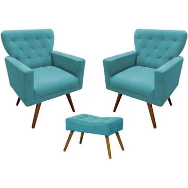 Imagem de Kit 2 Poltronas Decorativa Aurora + 1 Puff Retangular Suede Azul Turqu
