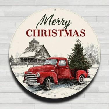 Imagem de Placa de Feliz Natal Vintage Rústico Alumínio Metal Redondo Sinal de Parede, Sem Relógio Real, 20 cm, Presentes e Decoração para Casa, Escritório, Café e Quintal