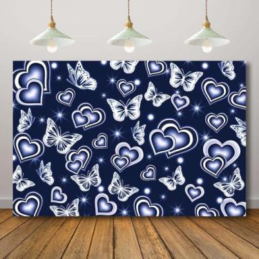 Imagem de Rcoaror Fundo fotográfico Y2K com corações azuis pretos do início dos anos 2000 borboleta Y2K festa antiga escola glamour aniversário bolo adereços para adultos crianças faixa de estúdio fotográfico