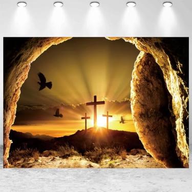 Imagem de 2,1 x 1,5 m Cruz de Páscoa pano de fundo Jesus Cristo túmulo vazio três cruzes pôr do sol Lord Pray fotografia fundo igreja religiosa cristã evento decoração adereços de estúdio fotográfico