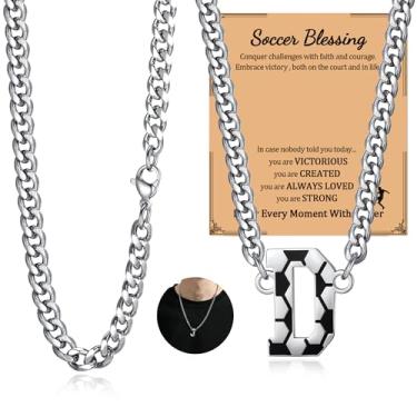 Imagem de NUKAYAI Colar de futebol com letra A a Z para homens, pingente de pingente de aço inoxidável, corrente de prata, acessórios de joias, material de 50,8 cm, colares personalizados, presentes de futebol