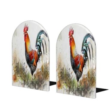 Imagem de Pintura retrô de galo de animais grandes suportes de livros de madeira decorativo antiderrapante resistente terminais de livro para mesa de escritório em casa biblioteca de estudo escolar divisórias