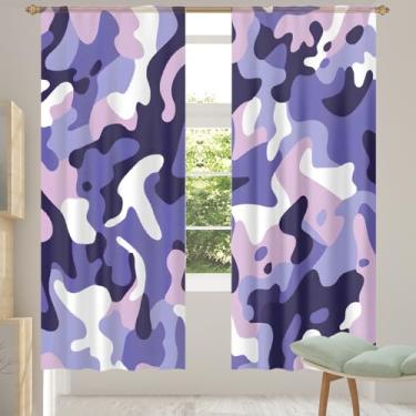 Imagem de 2 conjuntos de painéis de cortinas transparentes com estampa roxa camuflada, cortinas transparentes arejadas com filtro leve, painéis de cortina de porta e janela para sala de estar, quarto, jantar