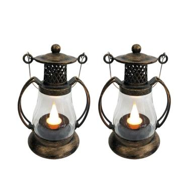 Imagem de Jogo 2 Mini Lamparinas LED Decorativa Ouro Envelhecido 11cm Vela Artificial Branco Quente com Alça