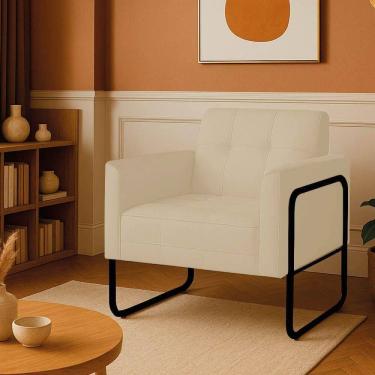 Imagem de Poltrona Sala Industrial Alta Tubo Preto Elisa Linho D03 - D`rossi Cor Bege