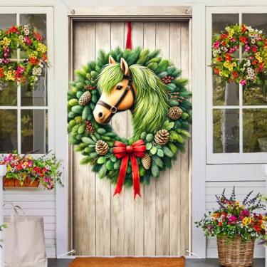 Imagem de BlissYard Capa de porta de Natal, árvore verde, guirlanda de cavalo, rena, estrela de pinheira, decoração de pinha, 89 x 188 cm, faixa de porta de férias, suporte de cabine de fotos, decoração de
