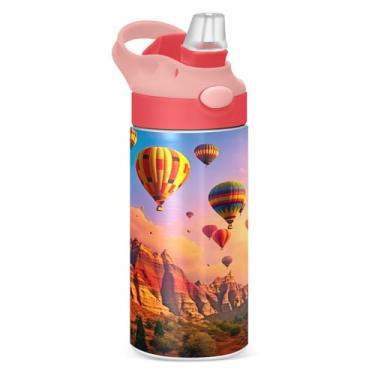 Imagem de Wassud Garrafa de água infantil isolada com tampa de palha, garrafas de água de aço inoxidável para crianças, balões de ar quente voadores de 350 ml