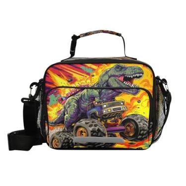 Imagem de CEBUGI Lancheira térmica de desenho animado de dinossauro e caminhão, à prova d'água, à prova de vazamento, lancheira com alça de ombro ajustável, lancheira para meninos e meninas, escritório