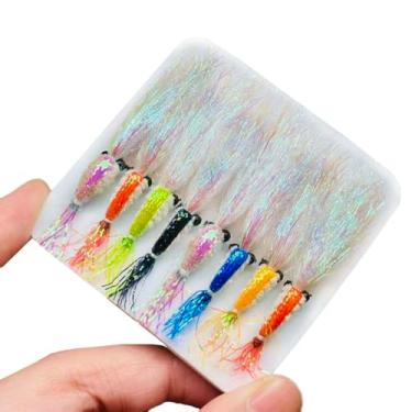 Imagem de Qievcrme 8 peças Bionics Iscas artificiais de camarão de seda flash de cristal com mosca, moscas, água salgada, água doce, isca para robalo, truta, salmão, anzol, tamanho nº 6 (cores mistas)