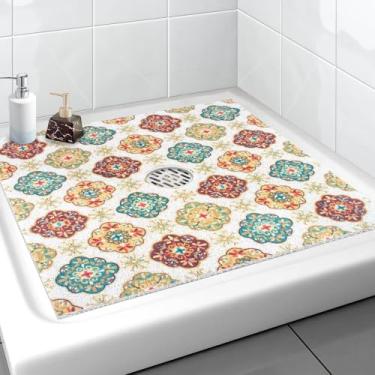 Imagem de Tapete de chuveiro quadrado, Yonala 68 x 68 cm, tapetes de chuveiro antiderrapantes elegantes para chuveiro interno com orifício de drenagem central, tapete de chuveiro antiderrapante de PVC macio e