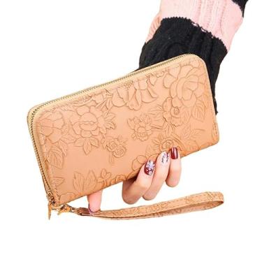 Imagem de Carteira feminina com zíper, estampa de flores, bolsa de dinheiro para cartões de grande capacidade, carteiras de estilo longo, carteira de cartão de crédito, presente, Marrom, Estilo retrô