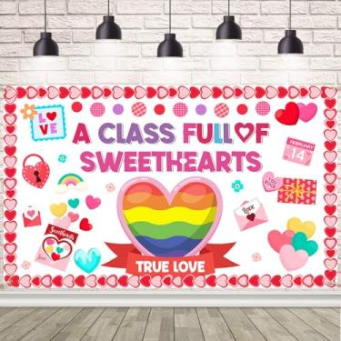 Imagem de AIBIIN A Class Full of SweatHearts Banner Kit de Decorações de Dia dos Namorados Envelope de Coração Arco-íris Papel de Presente Amor Fevereiro Pano de Fundo para Crianças Festa Escolar Faixa de Casa