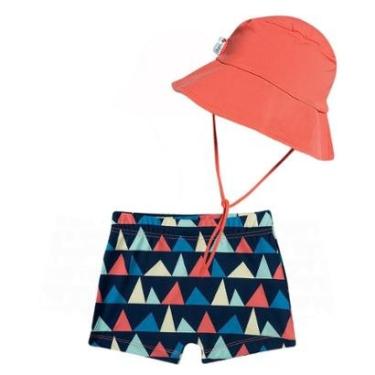 Imagem de Shorts Praia Bebê com Chapéu Proteção UV Baiacu Marinho Tip Top-Masculino