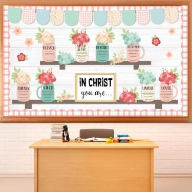 Imagem de Conjunto de quadro de avisos religiosos cristãos de primavera, quadro de avisos, flores e vasos coloridos, recortes de estante para escola dominical, bibliotecas, decorações de igreja