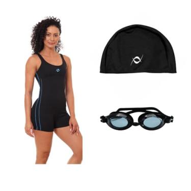 Imagem de Kit Macaquinho E Touca Helanca Natação Hidroginástica Com Óculos Uv (Preto/Turquesa - Touca Preta, XGG)