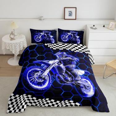 Imagem de Feelyou Jogo de cama infantil de corrida de motocross, tamanho Queen, para esportes radicais, ultramacio, colorido, moderno, com estampa de bandeira de favo de mel, decoração de quarto