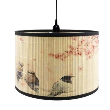 Imagem de Crapyt Abajur de madeira E27 redondo removível, 30 cm × 30 cm × 20 cm Abajur de madeira com estampa de plantas e pássaros, padrão de pintura de lavagem de tinta para mesa/piso/teto/lâmpada de parede