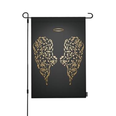 Imagem de HGOD DESIGNS Golden Wings Bandeira de jardim dupla face 30,5 x 45,7 cm halo coração no fundo preto abstrato anjo casa de fazenda decorações externas bandeira de jardim de serapilheira