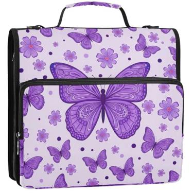 Imagem de Pastas de borboletas roxas de 3 cm com 3 anéis para fichários resistentes com zíper, bolsa escolar com alça de ombro, portfólio e estojo para pasta de anel, 34,5 x 31,5 x 9 cm