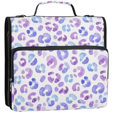 Imagem de Pastas de 3 anéis de viagem de 3,8 cm, resistente, aquarela, leopardo, com zíper, roxo, organizador de fichário, pasta de armazenamento com alça com alça para escola, 34,5 x 31,5 x 8,9 cm