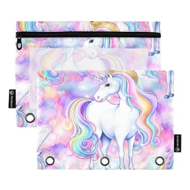 Imagem de GAIGEO Bolsa para lápis, fichário com 3 argolas, unicórnio, branco, colorido, com zíper, bolsas para pintura, fichários escolares, bolsos transparentes, caneta, 25 x 18 cm, 2 pacotes
